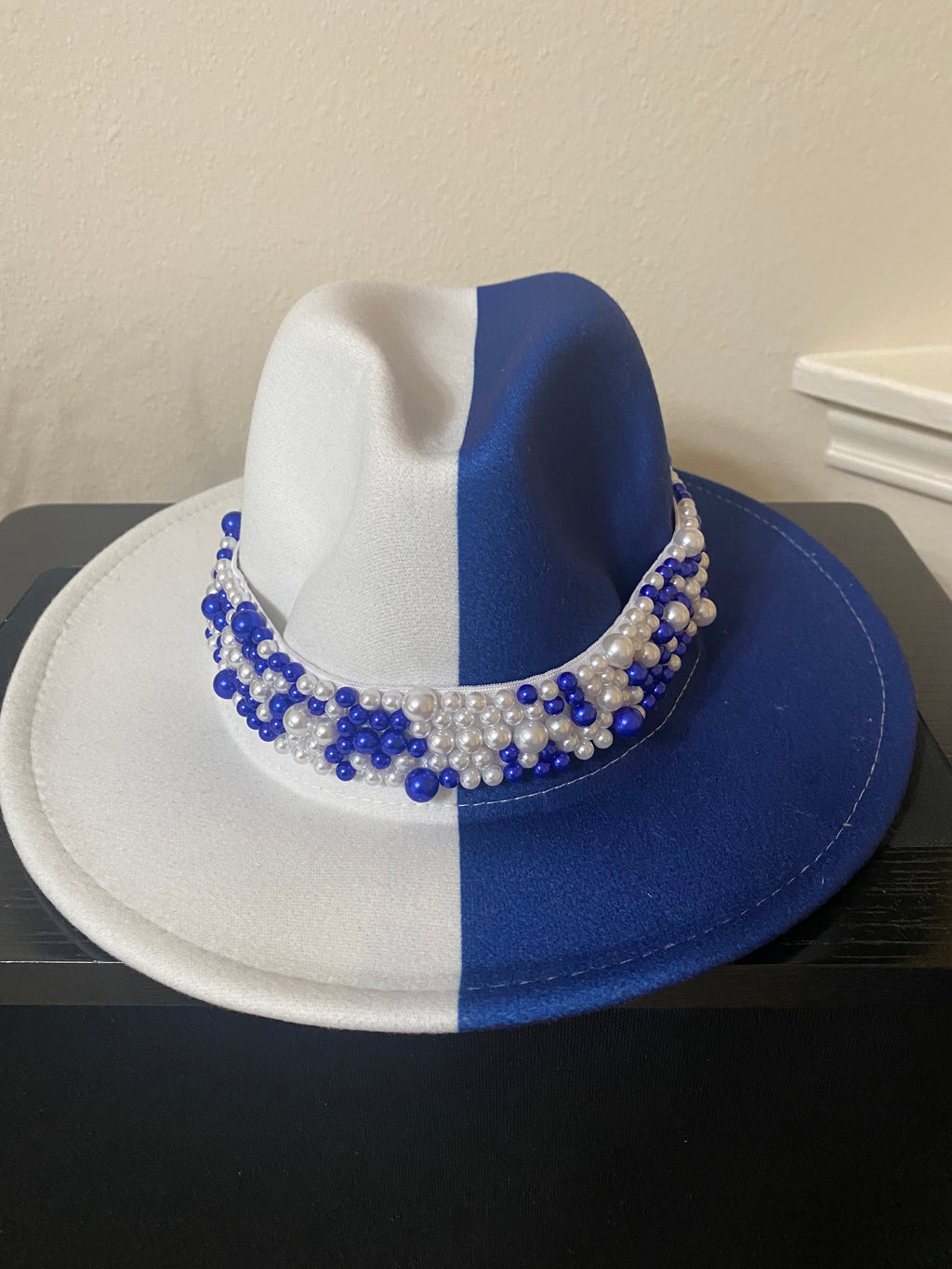 Two Tone Fedora with Pearls -Blue White