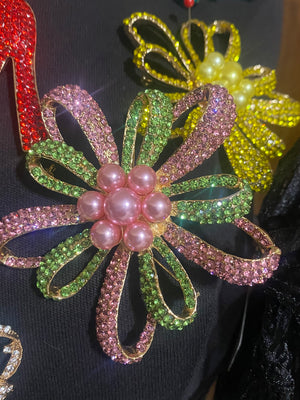 Crystal Flower Brooch -Pink Green