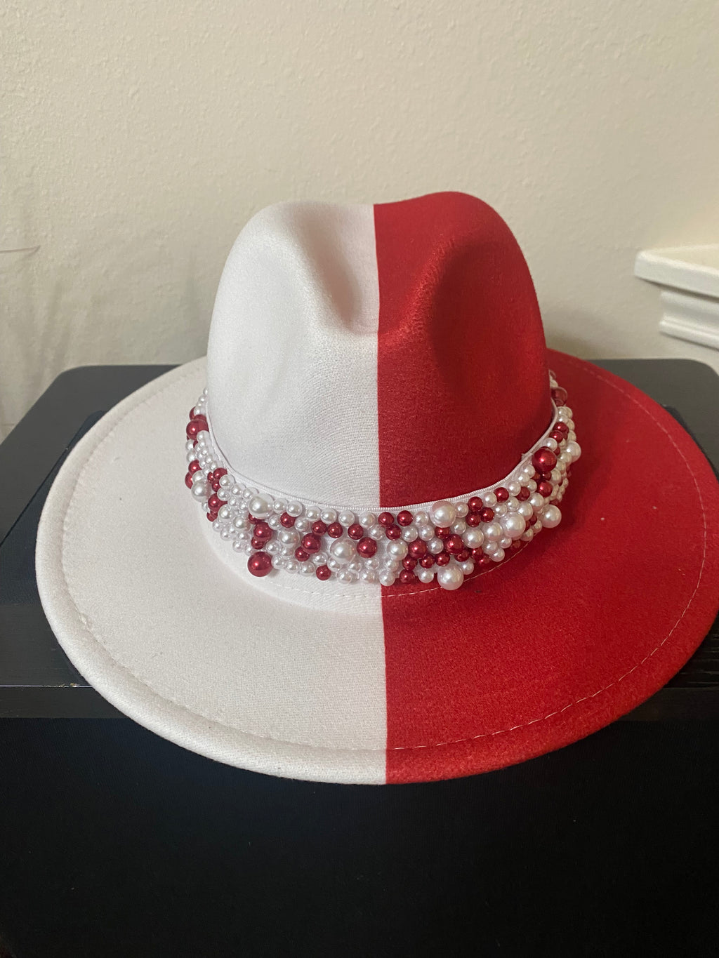 Two Tone Fedora with Pearl Band - Red/White