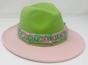 Two Tone Fedora with Pearl Trim Pink Green AKA