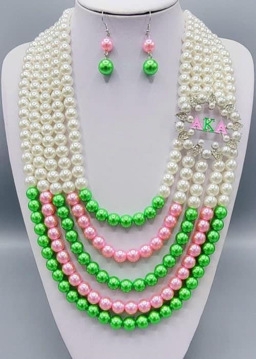 5 Strand Pearls with Pink Green Pearls and Brooch AKA
