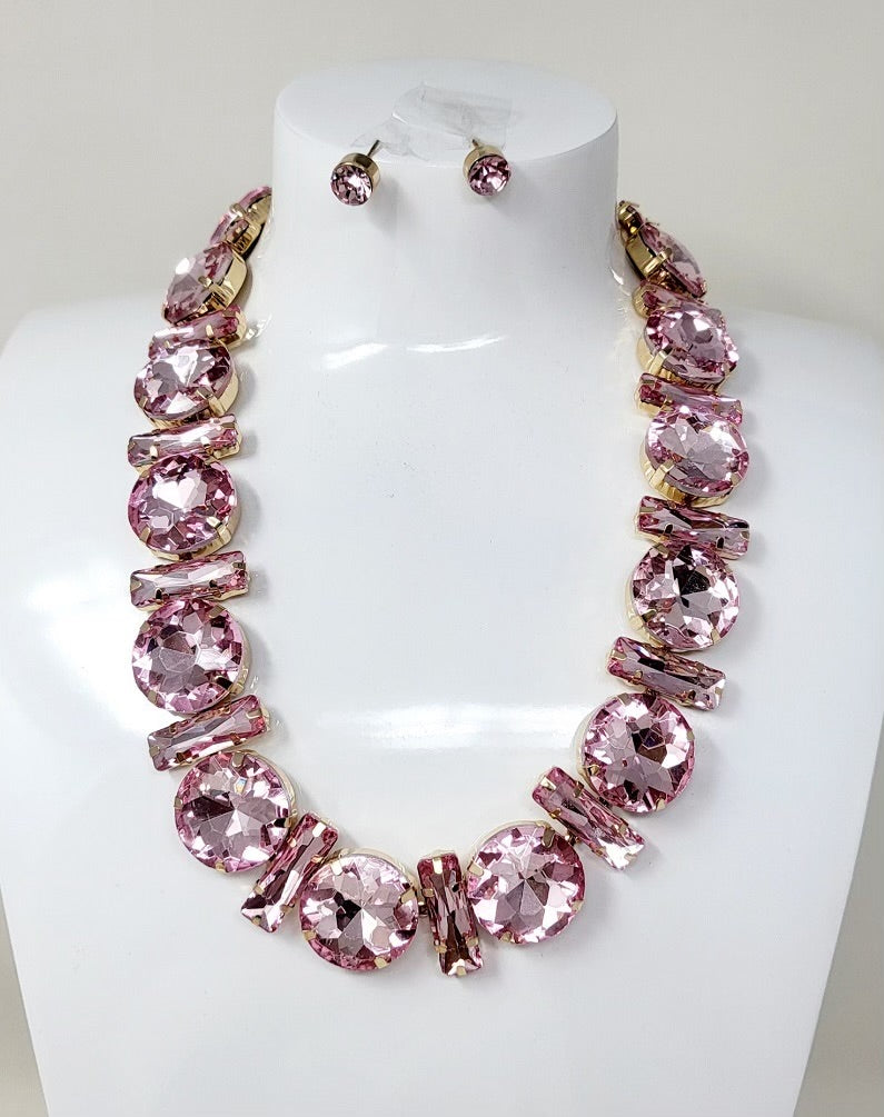 Circle Bar Stone Necklace-Pink