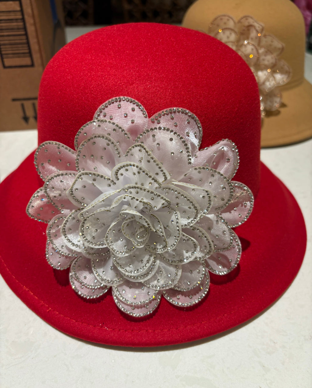 Flower Bowler Hat Red White