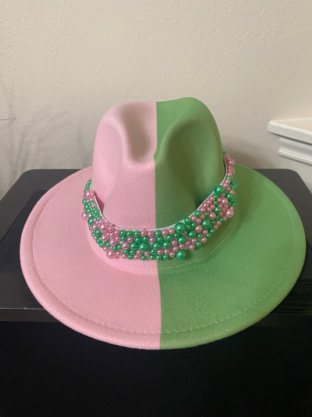 Two Tone Fedora with Pearl Band -Pink Green