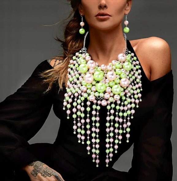 Dangling Pearls Bib Pink Green