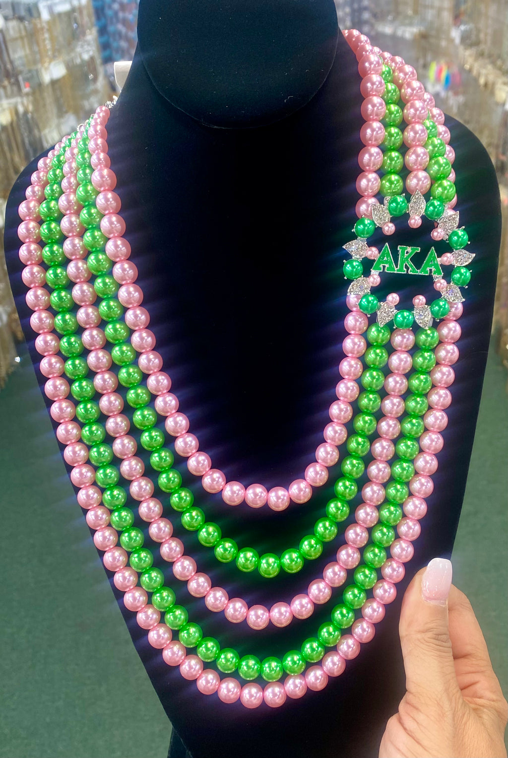 Pink Green Pearls with Brooch AKA