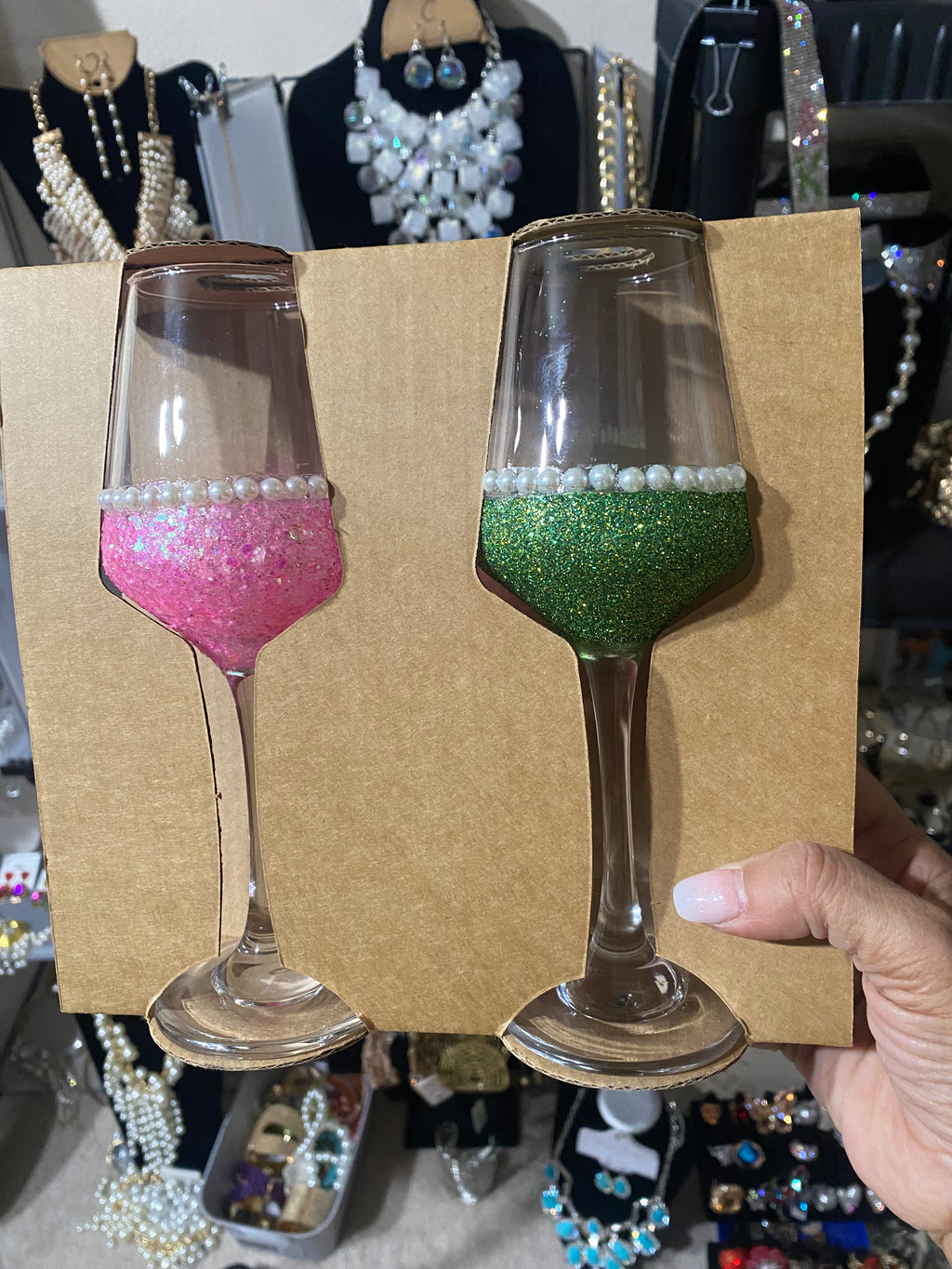 Custom Wine Glass Set -Pink Green